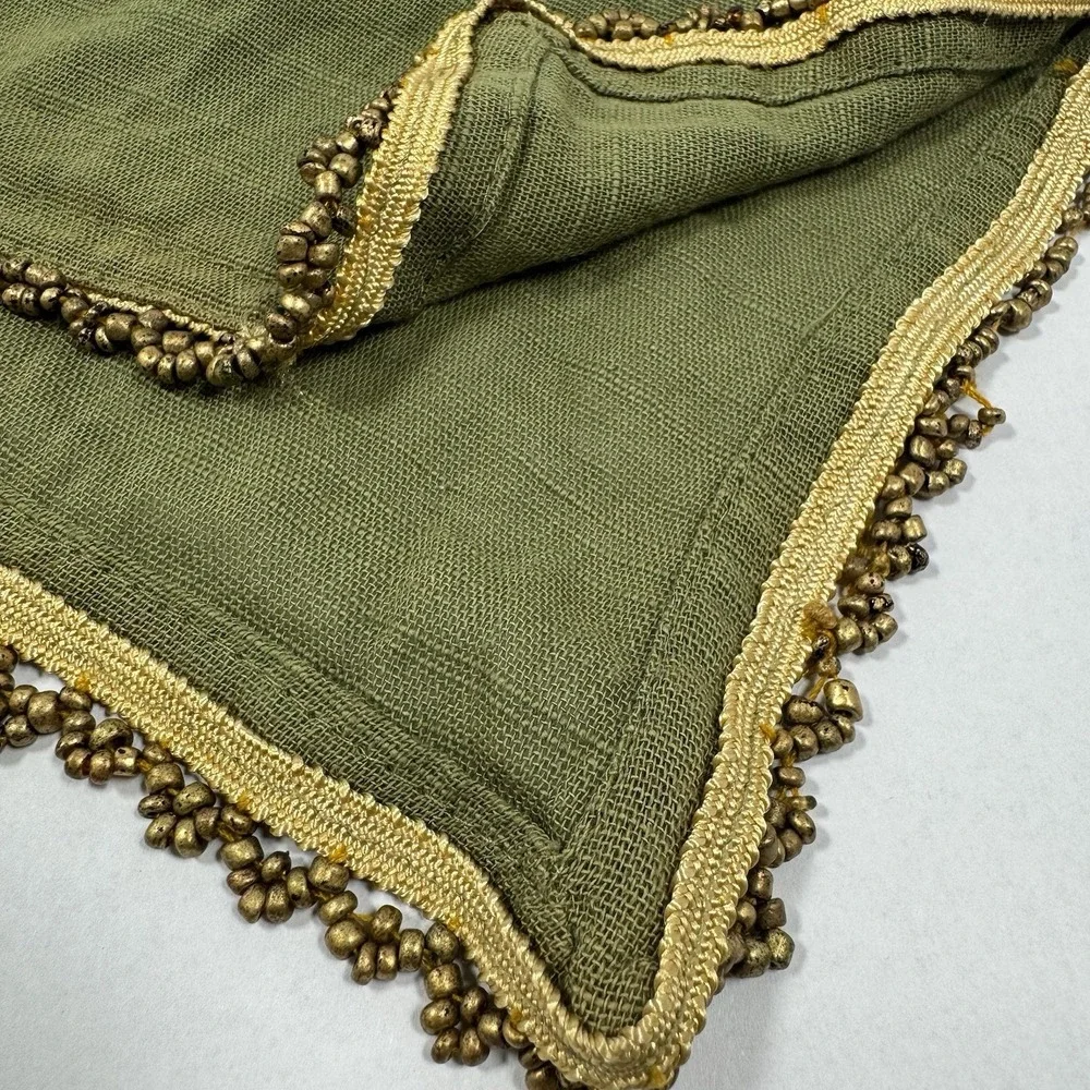 Boho Chic Olive Green Linen Dinner Napkins Antique Gold Glass Seed Bead Trim X5